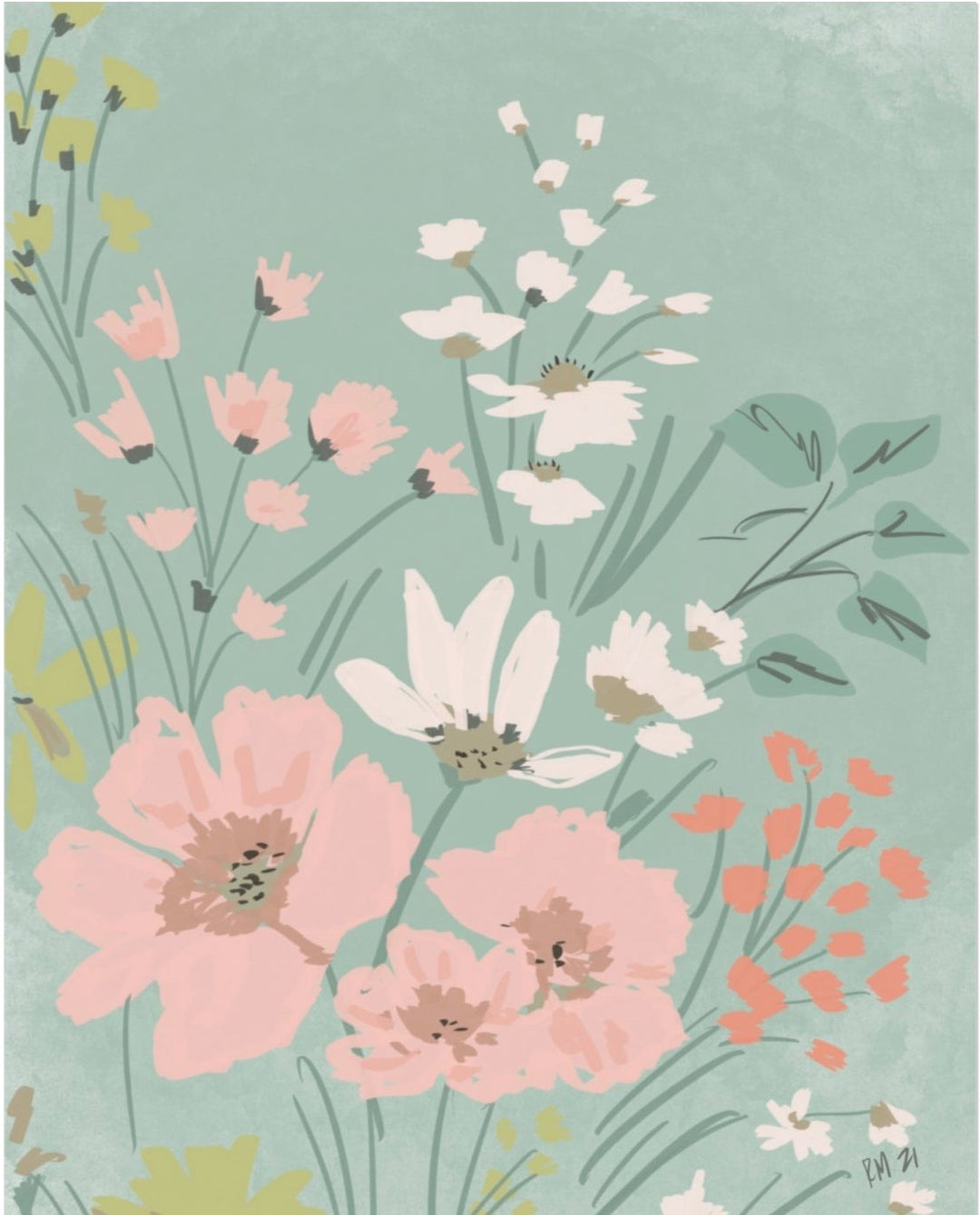 PINK & TEAL FLOWERS - Note Card