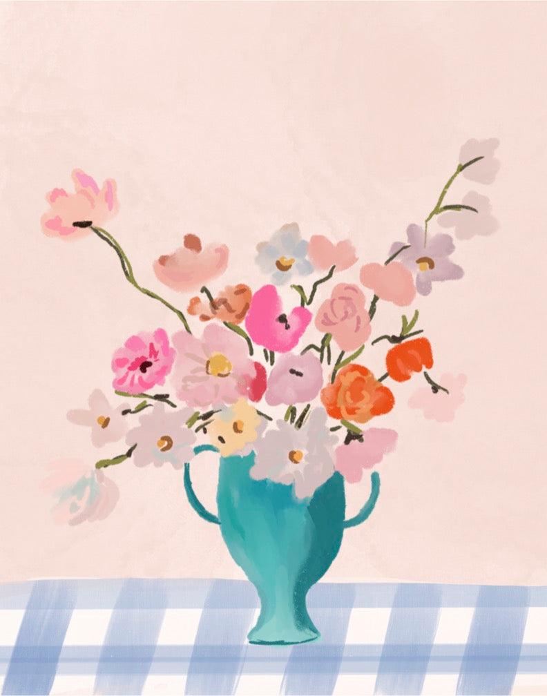 VASE ON BLUE GINGHAM - Note Card