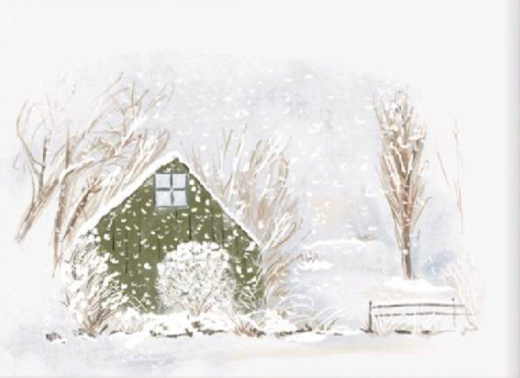 SNOWY GREEN BARN - Note Card