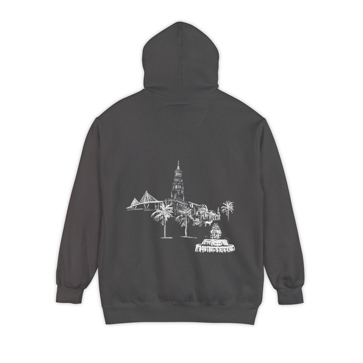 pullover hoodie with minimalist white ‘Charleston’ lettering on the chest, hand designed by Rebecca Illustrated; available in multiple colors