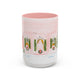 Holiday illustrated ceramic mug with pink house and Christmas tree by Rebecca Illustrated