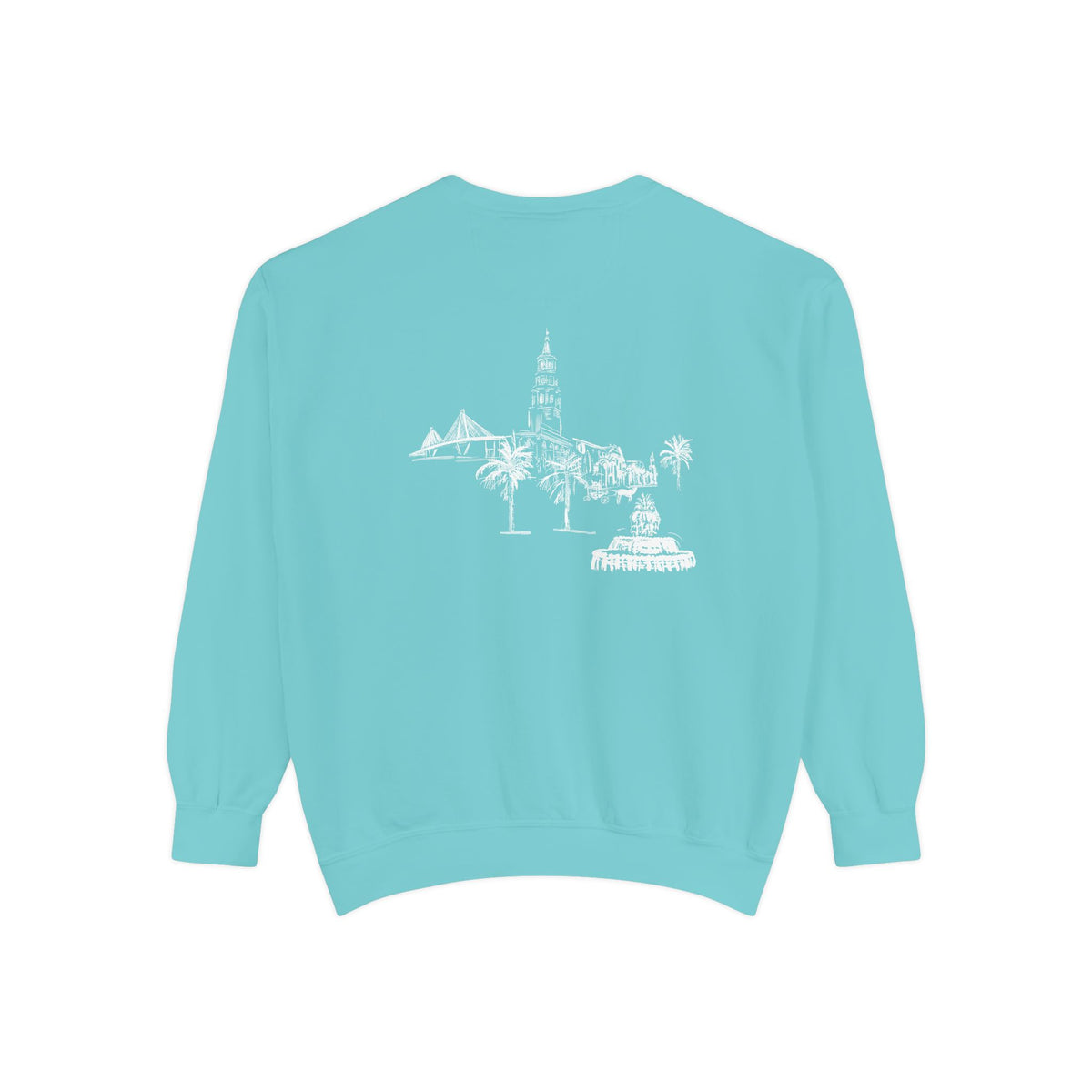 Back view of Charleston crewneck sweatshirt featuring matching Charleston skyline design, original art by Rebecca Illustrated.