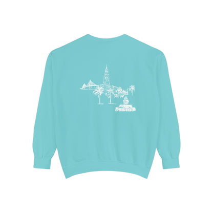 Back view of Charleston crewneck sweatshirt featuring matching Charleston skyline design, original art by Rebecca Illustrated.