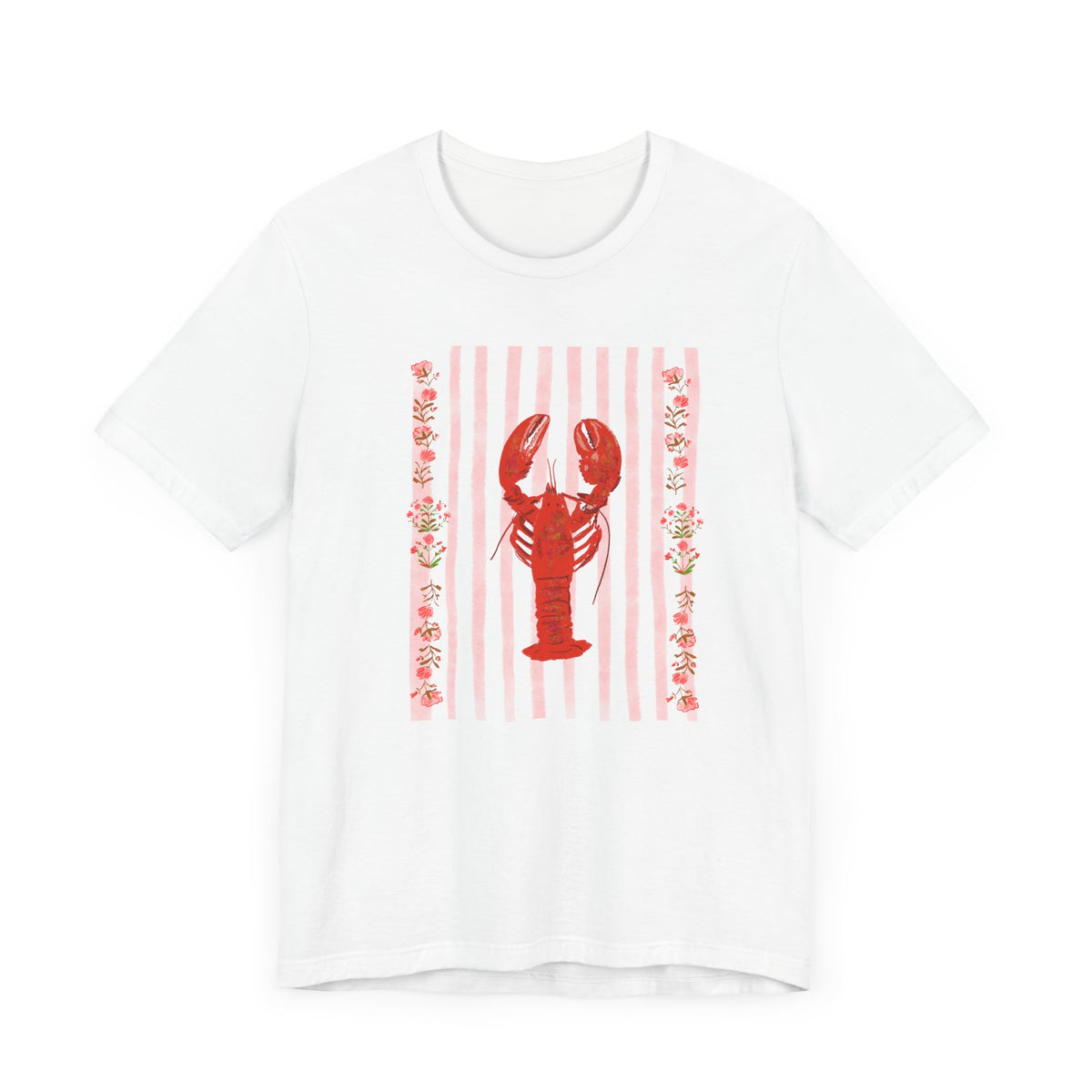 White t-shirt with a red lobster illustration on pink vertical stripes and floral border, hand-drawn by Rebecca Illustrated.