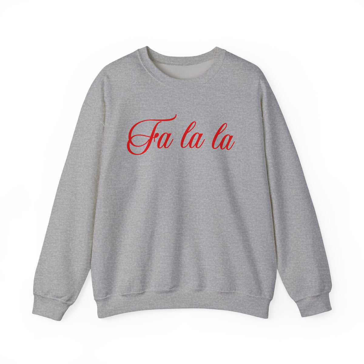 Heather gray unisex crewneck sweatshirt with red hand-lettered “Fa la la” holiday script by Rebecca Illustrated.