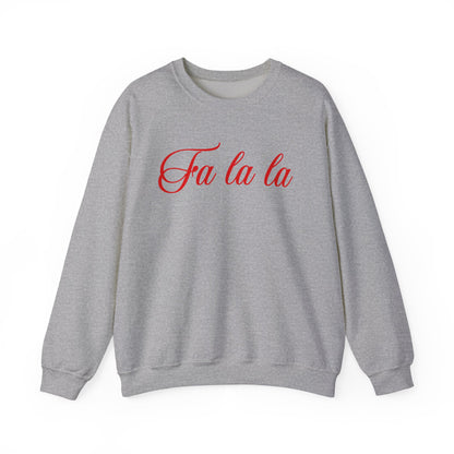 Heather gray unisex crewneck sweatshirt with red hand-lettered “Fa la la” holiday script by Rebecca Illustrated.