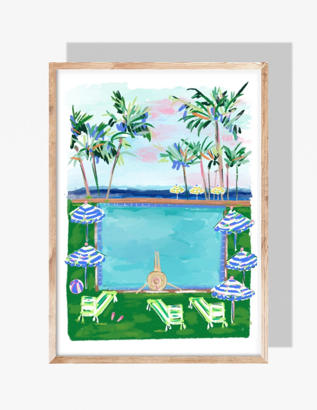 Colorful illustration of a palm-lined pool with striped umbrellas and lounge chairs — coastal art by Rebecca Illustrated.