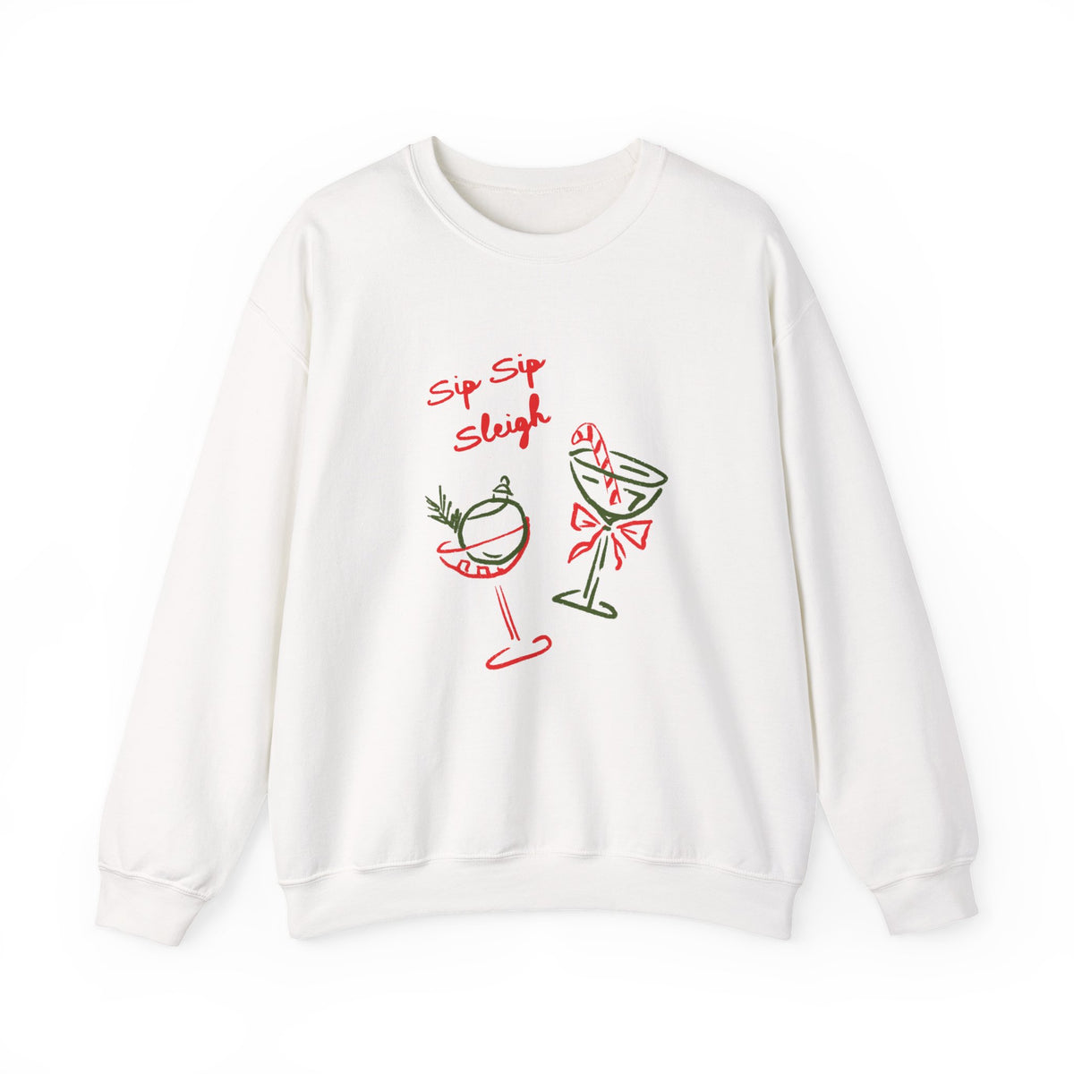 crewneck sweatshirt with ‘Sip Sip Sleigh’ holiday cocktail artwork in red and green, hand illustrated by Rebecca Illustrated