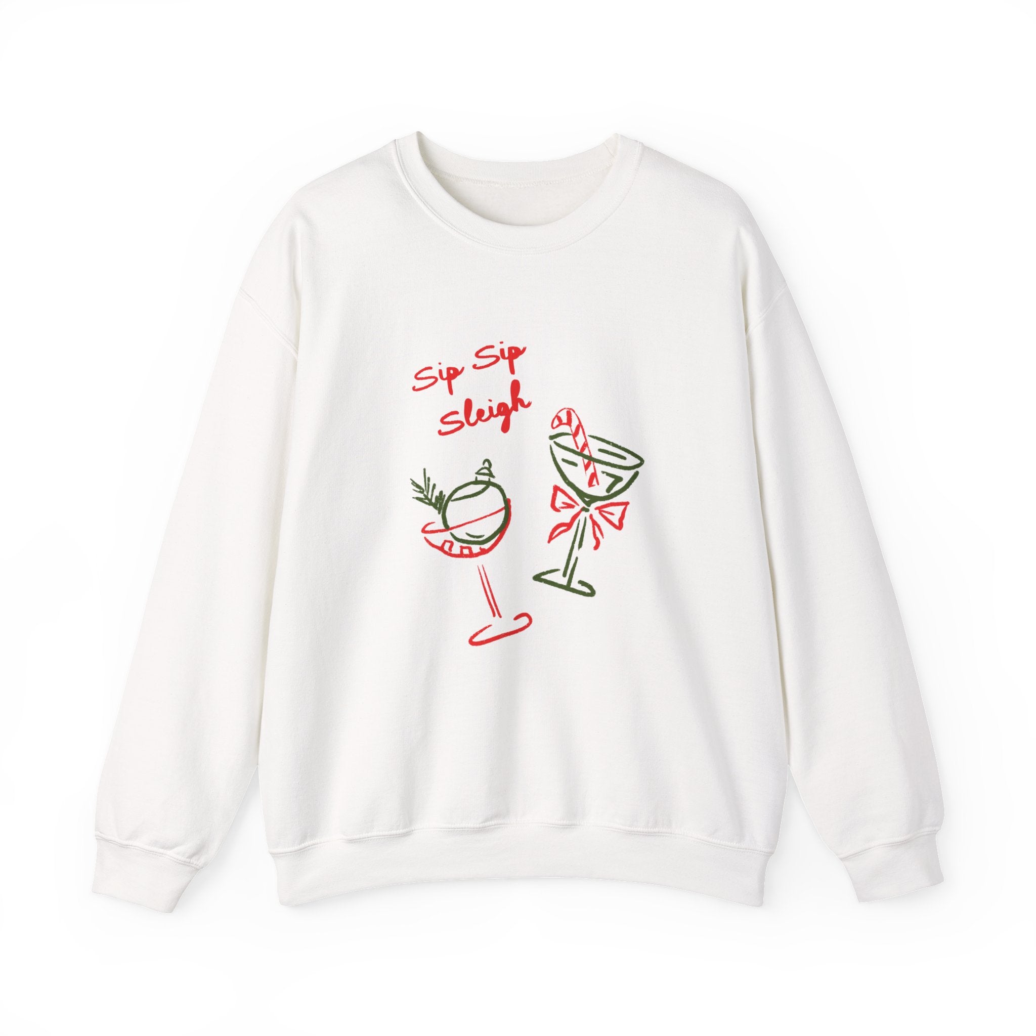 crewneck sweatshirt with ‘Sip Sip Sleigh’ holiday cocktail artwork in red and green, hand illustrated by Rebecca Illustrated