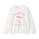 White crewneck sweatshirt with pink ‘Nashville’ bachelorette social club artwork featuring champagne coupe illustration, hand designed by Rebecca Illustrated