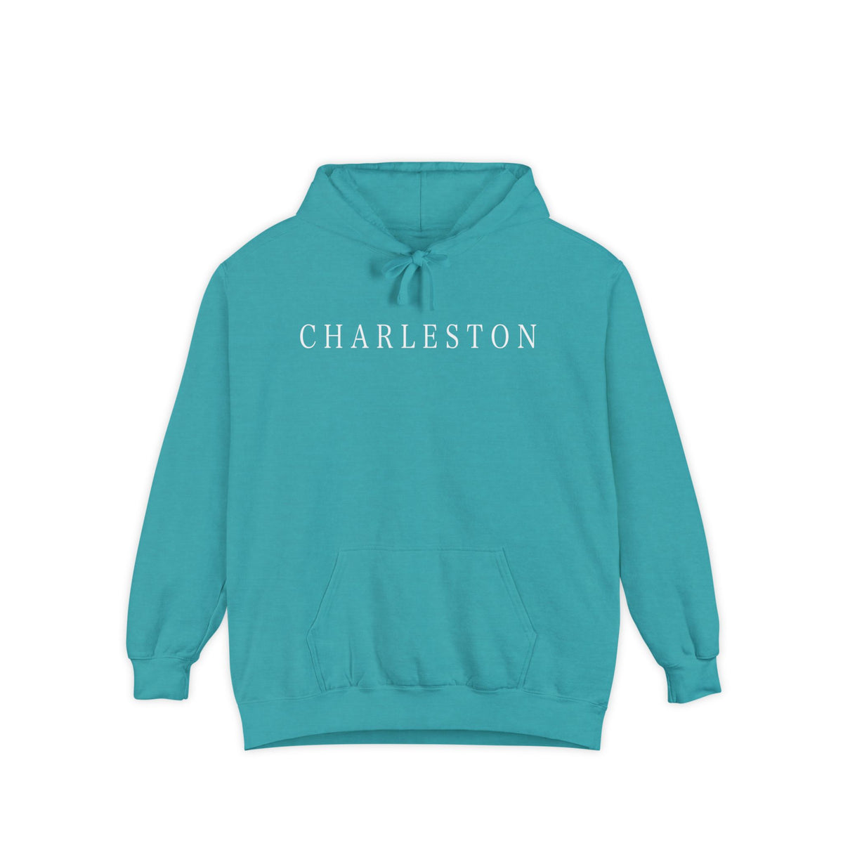 pullover hoodie with minimalist white ‘Charleston’ lettering on the chest, hand designed by Rebecca Illustrated; available in multiple colors