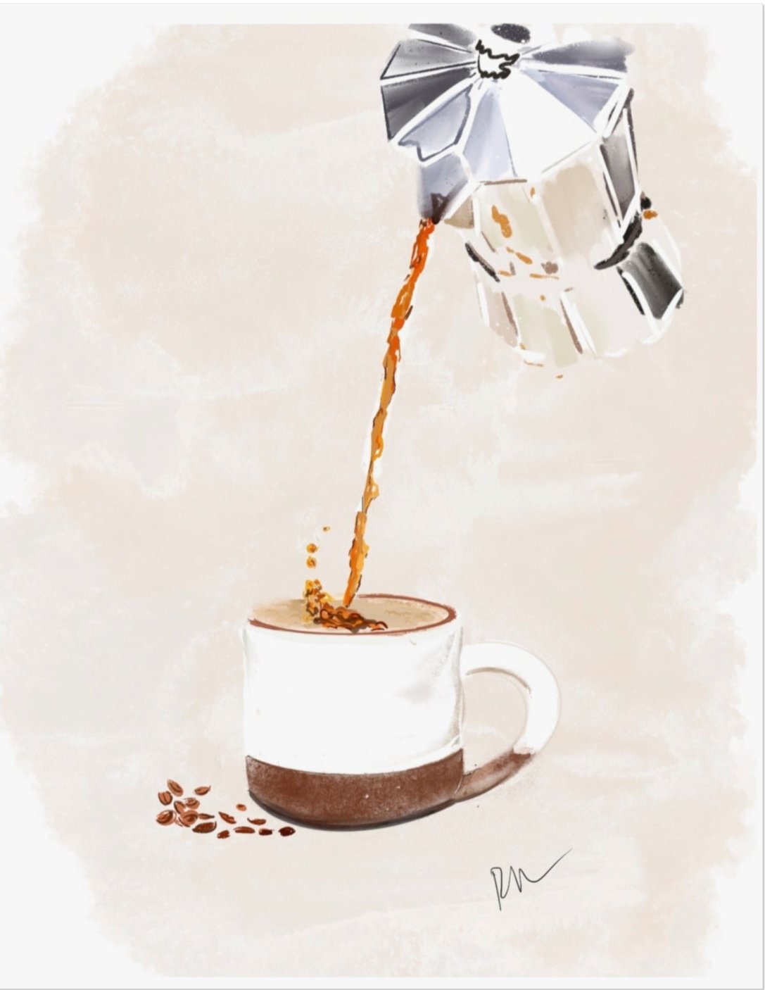An art print featuring a whimsical illustration of a coffee machine pouring coffee into a mug, with coffee beans and a cup, rendered in a soft watercolor style on a beige background.