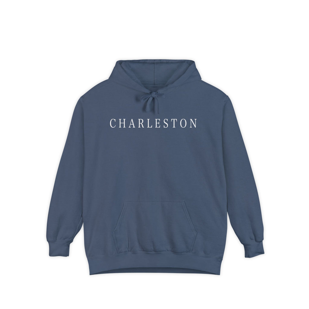 pullover hoodie with minimalist white ‘Charleston’ lettering on the chest, hand designed by Rebecca Illustrated; available in multiple colors