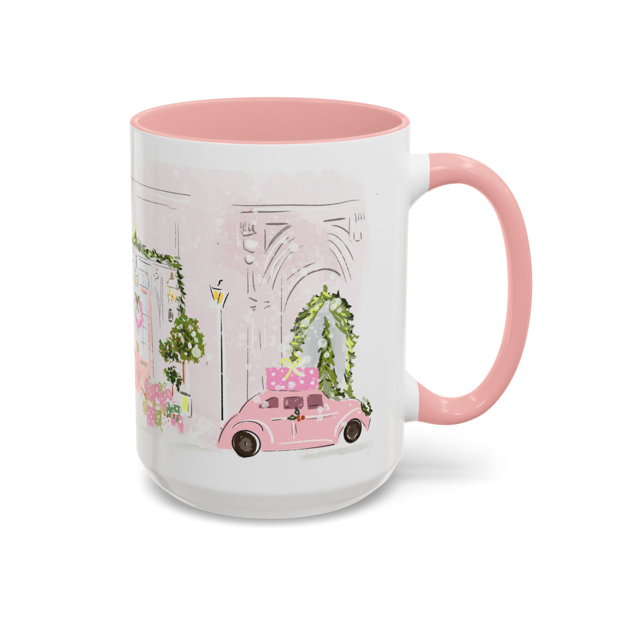 Charleston pink figgy car Christmas illustrated ceramic mug by Rebecca Illustrated