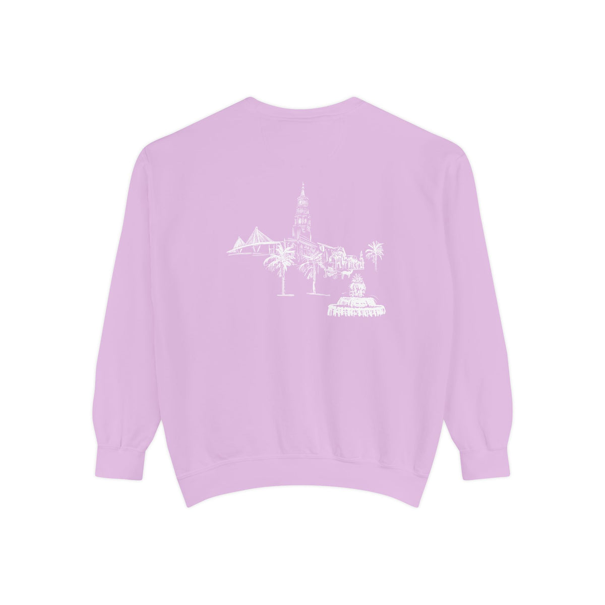 Back view of Charleston crewneck sweatshirt featuring matching Charleston skyline design, original art by Rebecca Illustrated.