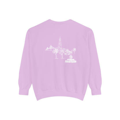Back view of Charleston crewneck sweatshirt featuring matching Charleston skyline design, original art by Rebecca Illustrated.