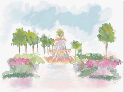 Soft pastel watercolor illustration of a garden fountain surrounded by palm trees and blooming flowers, painted by Rebecca Illustrated.
