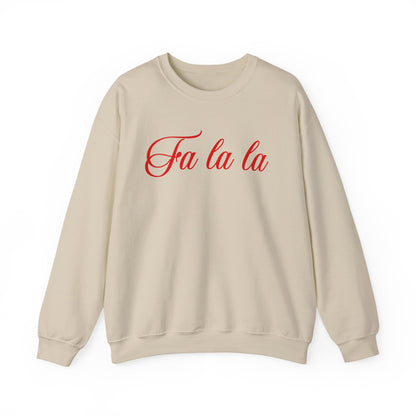 Beige sweatshirt with 'Fa la la' in red text on a white background