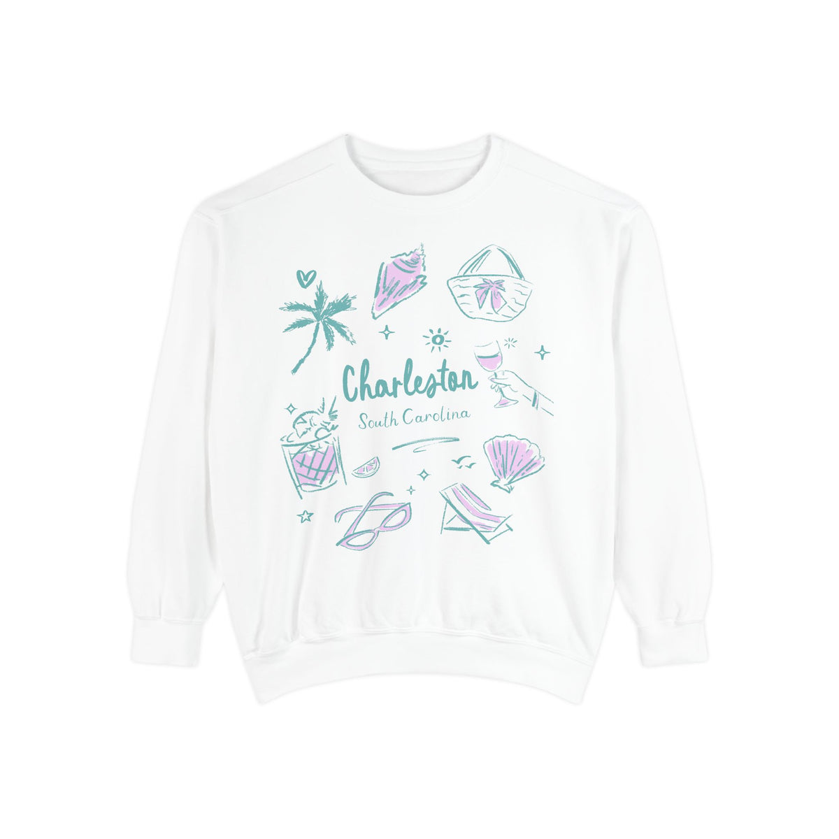 White Charleston South Carolina sweatshirt with pastel coastal illustrations including seashells, palm tree, beach drink, lounge chair, and artwork by Rebecca Illustrated
