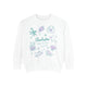 White Charleston South Carolina sweatshirt with pastel coastal illustrations including seashells, palm tree, beach drink, lounge chair, and artwork by Rebecca Illustrated