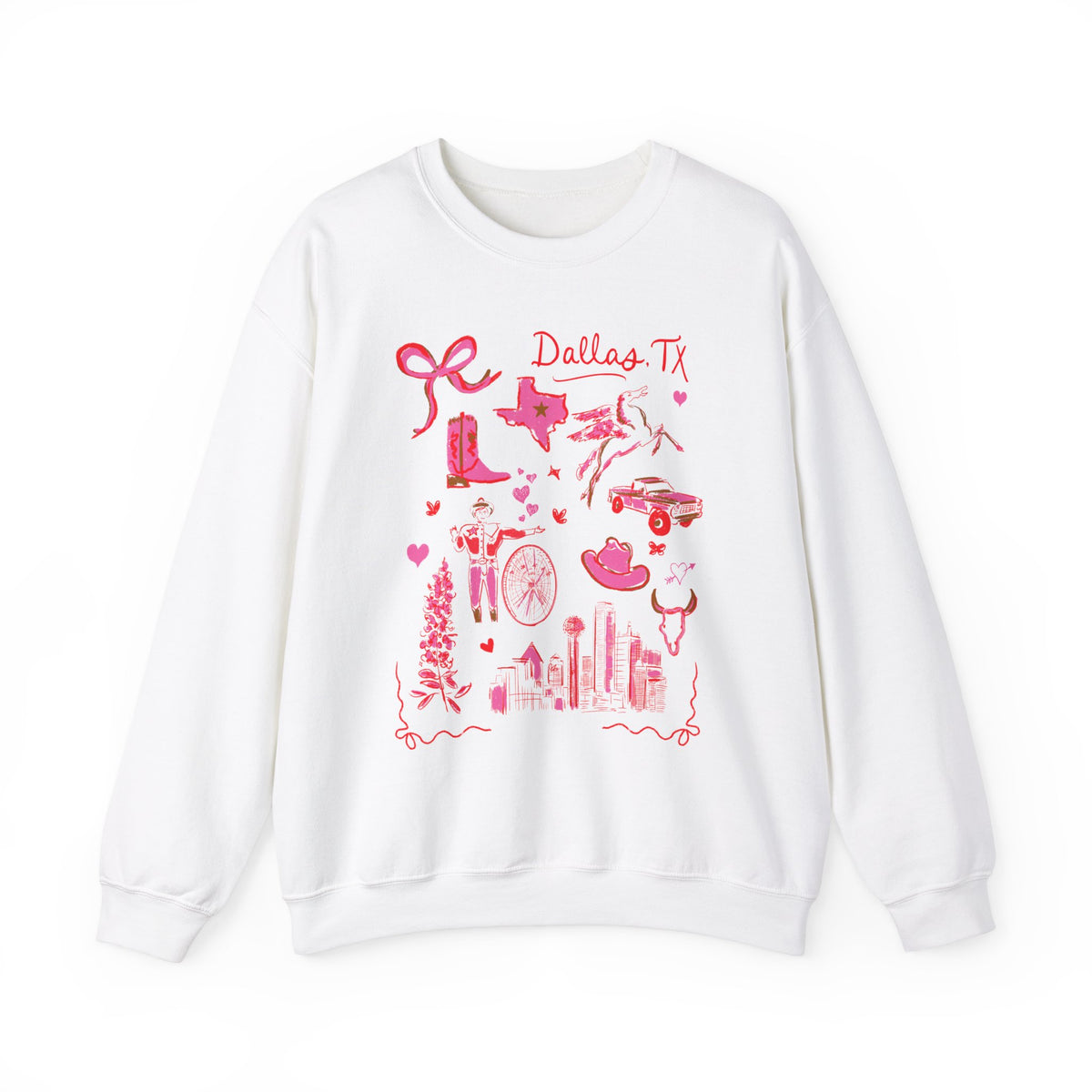 White sweatshirt with pink and green illustrated Dallas, Texas icons including cowboy boots, Texas map, longhorn, skyline, flowers, cowgirl, bike, and truck, artwork by Rebecca Illustrated