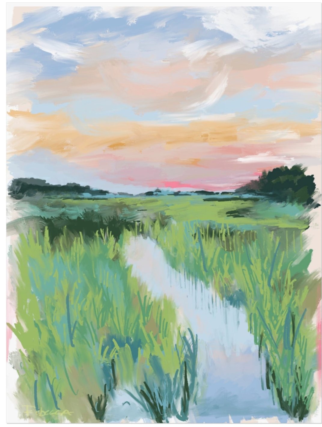 Pastel watercolor illustration of a winding marsh creek surrounded by tall grasses under a soft Southern sky, painted by Rebecca Illustrated.