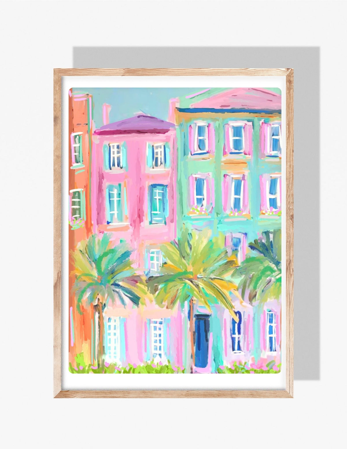 Colorful illustration of Charleston’s Rainbow Row with palm trees in bright pastel hues — art by Rebecca Illustrated.