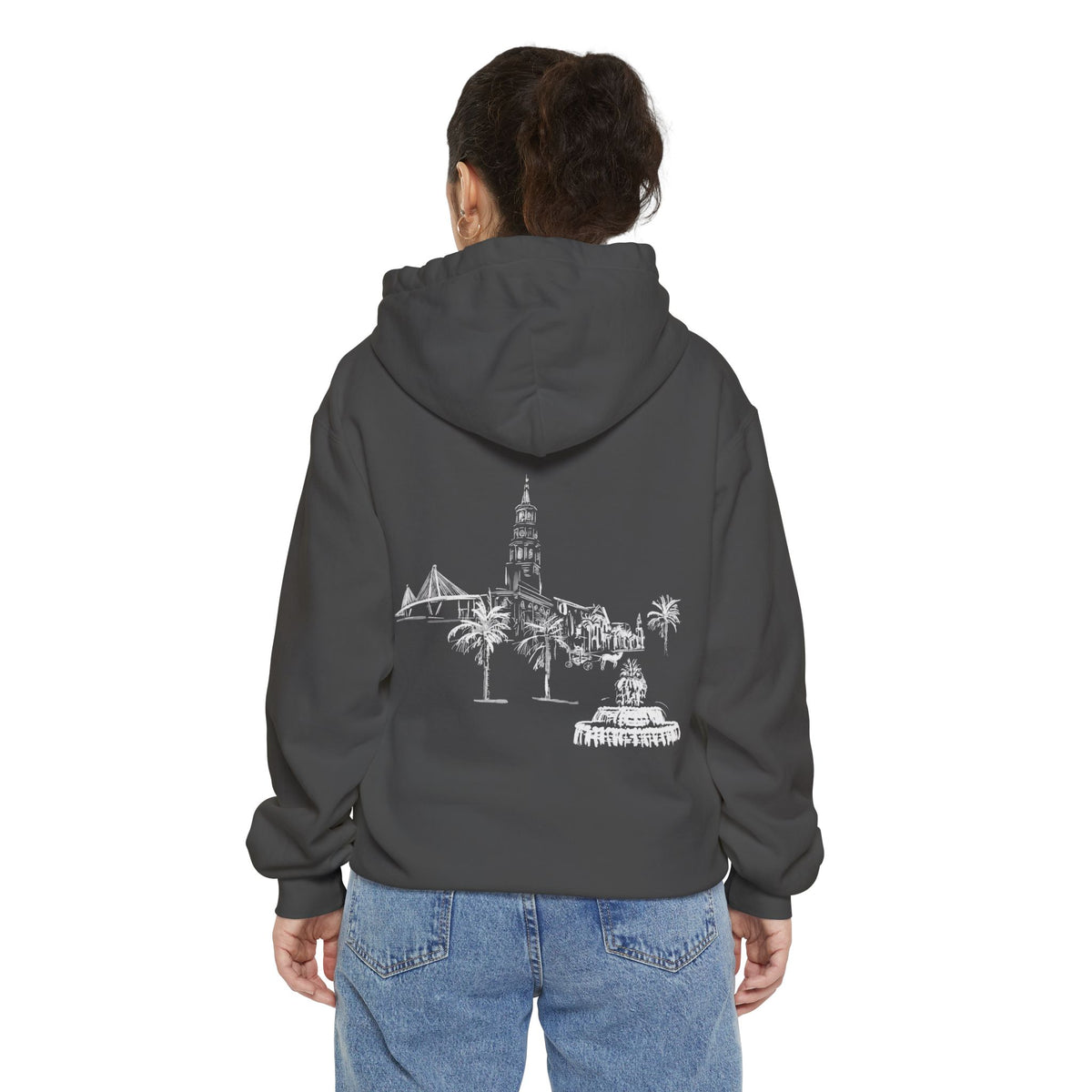 pullover hoodie with minimalist white ‘Charleston’ lettering on the chest, hand designed by Rebecca Illustrated; available in multiple colors