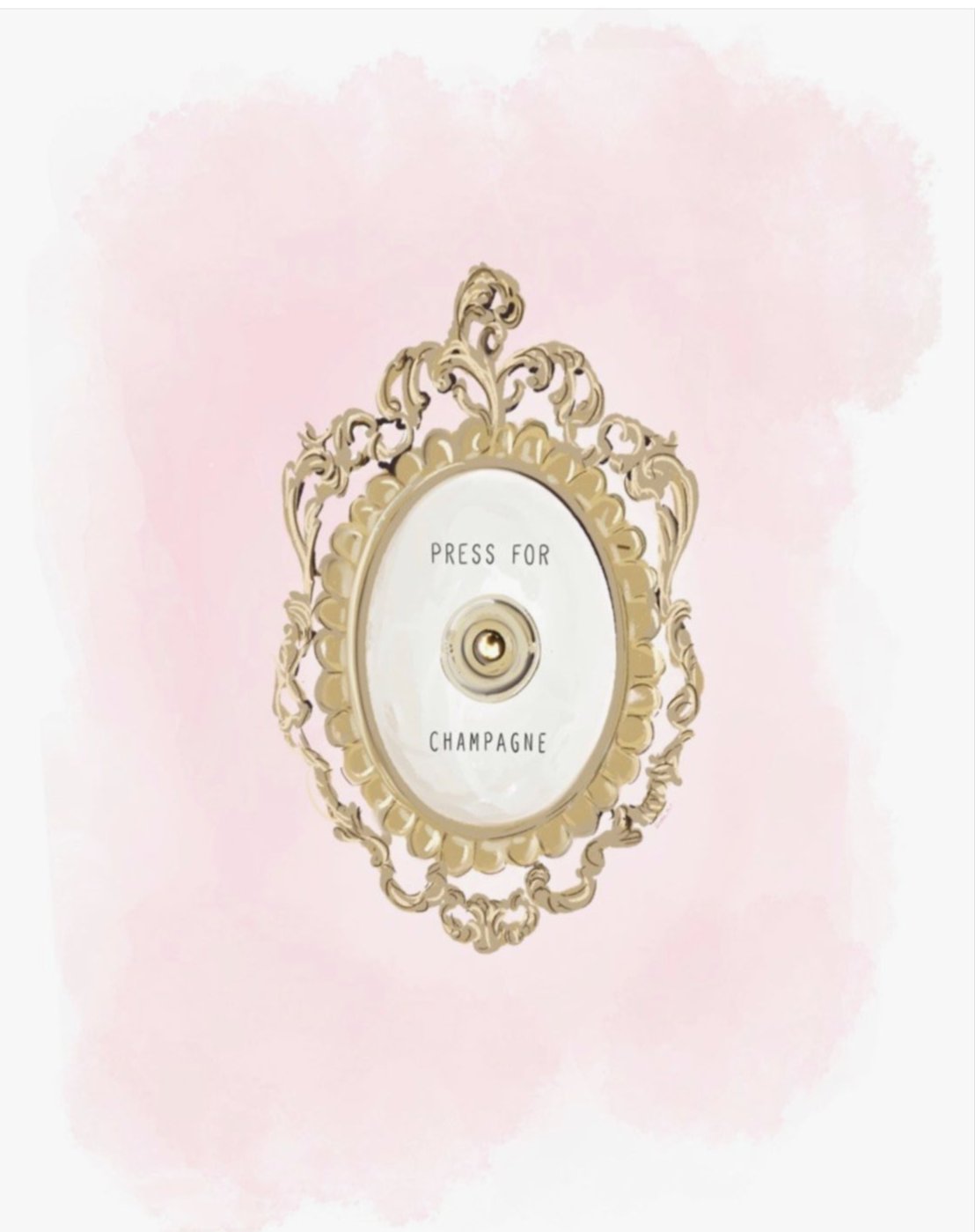 Illustration of a gold ornate ‘Press for Champagne’ button against a soft pink watercolor background — art by Rebecca Illustrated.