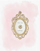 Illustration of a gold ornate ‘Press for Champagne’ button against a soft pink watercolor background — art by Rebecca Illustrated.