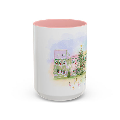 Rainbow Row Christmas illustrated ceramic mug with pink interior by Rebecca Illustrated