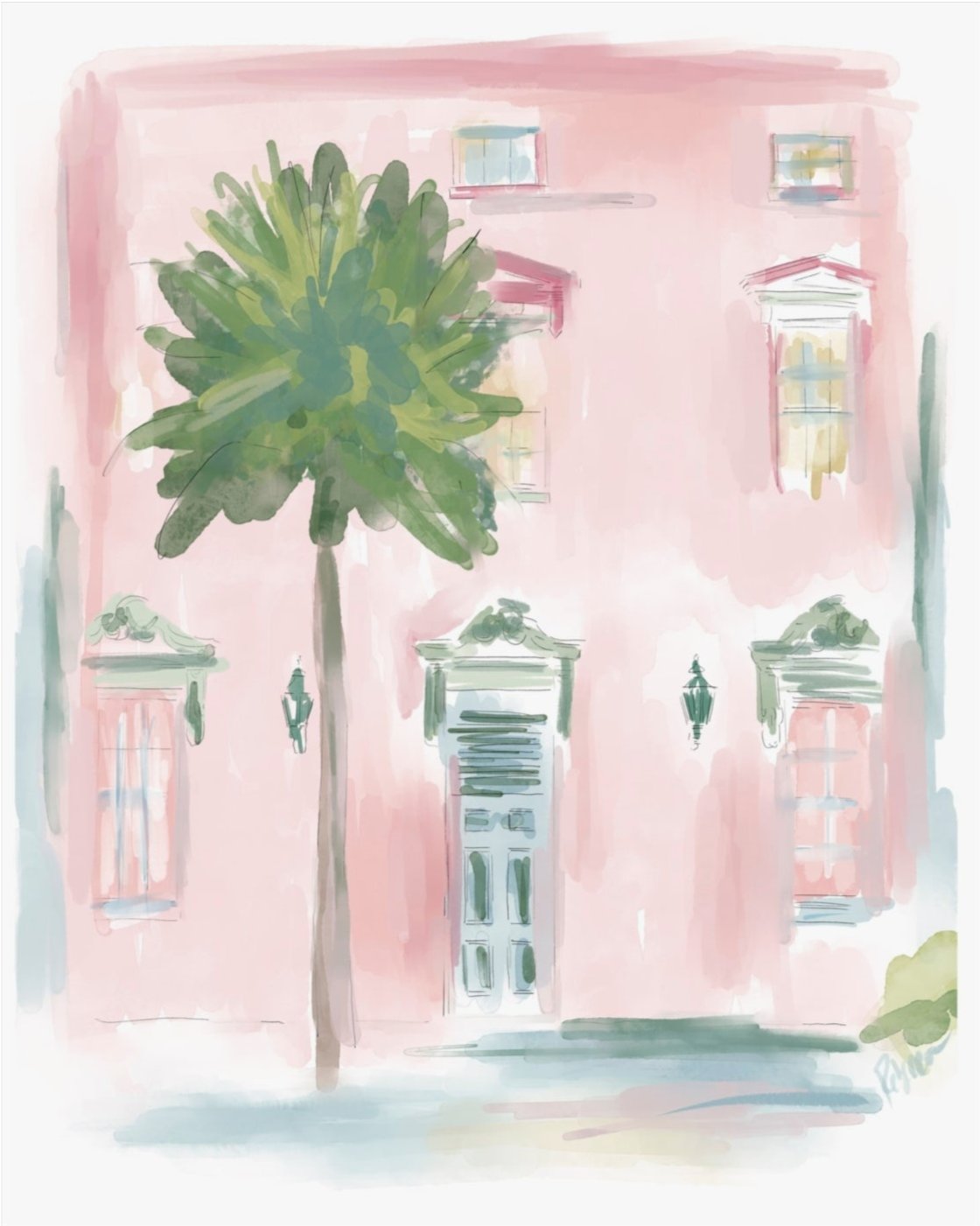 Watercolor illustration of a pink coastal Mills House with a palm tree and classic Southern windows, painted by Rebecca Illustrated.