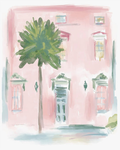 Watercolor illustration of a pink coastal Mills House with a palm tree and classic Southern windows, painted by Rebecca Illustrated.