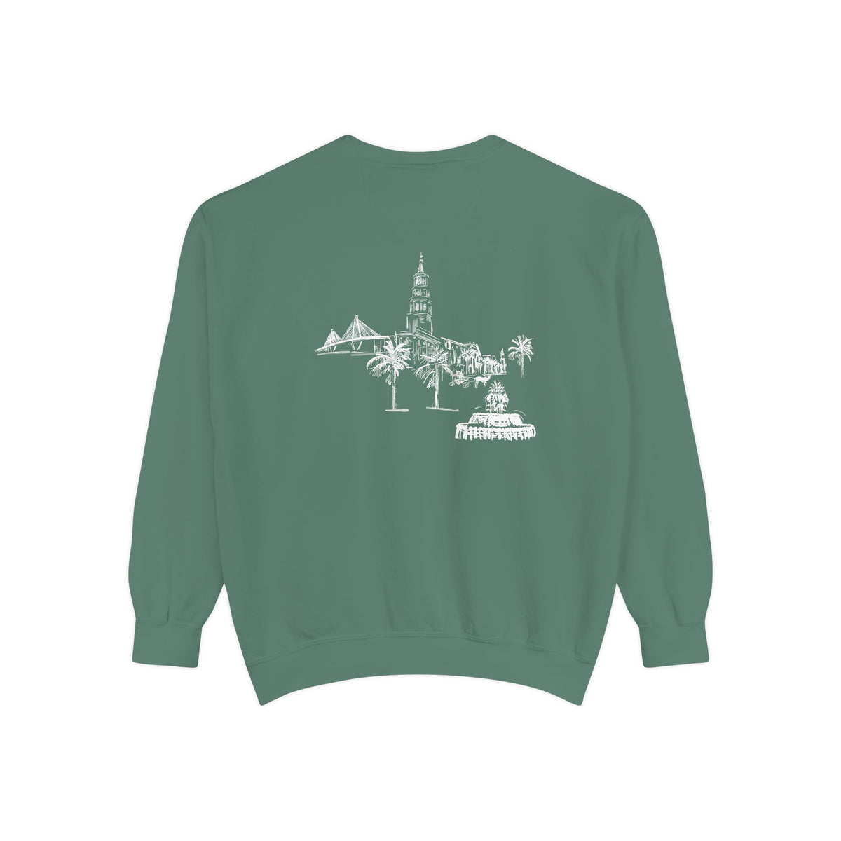 Back view of Charleston crewneck sweatshirt featuring matching Charleston skyline design, original art by Rebecca Illustrated.
