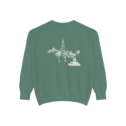 Back view of Charleston crewneck sweatshirt featuring matching Charleston skyline design, original art by Rebecca Illustrated.
