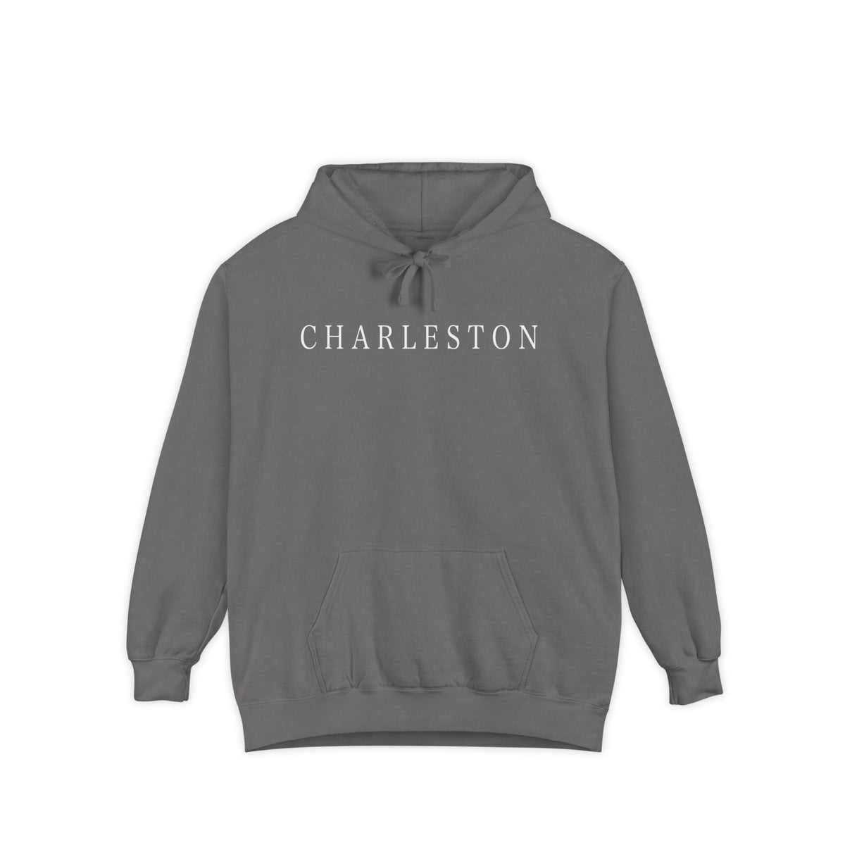 pullover hoodie with minimalist white ‘Charleston’ lettering on the chest, hand designed by Rebecca Illustrated; available in multiple colors