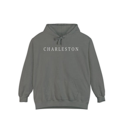 pullover hoodie with minimalist white ‘Charleston’ lettering on the chest, hand designed by Rebecca Illustrated; available in multiple colors