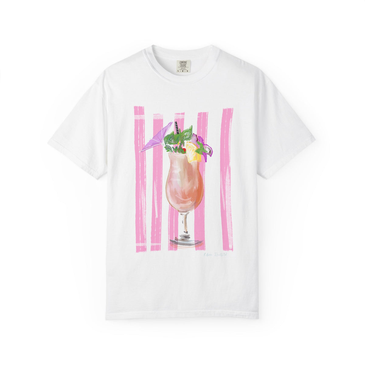 White t-shirt with Rebecca Illustrated watercolor pink tropical cocktail daiquiri artwork featuring umbrella, citrus, flowers, and pink brushstroke background
