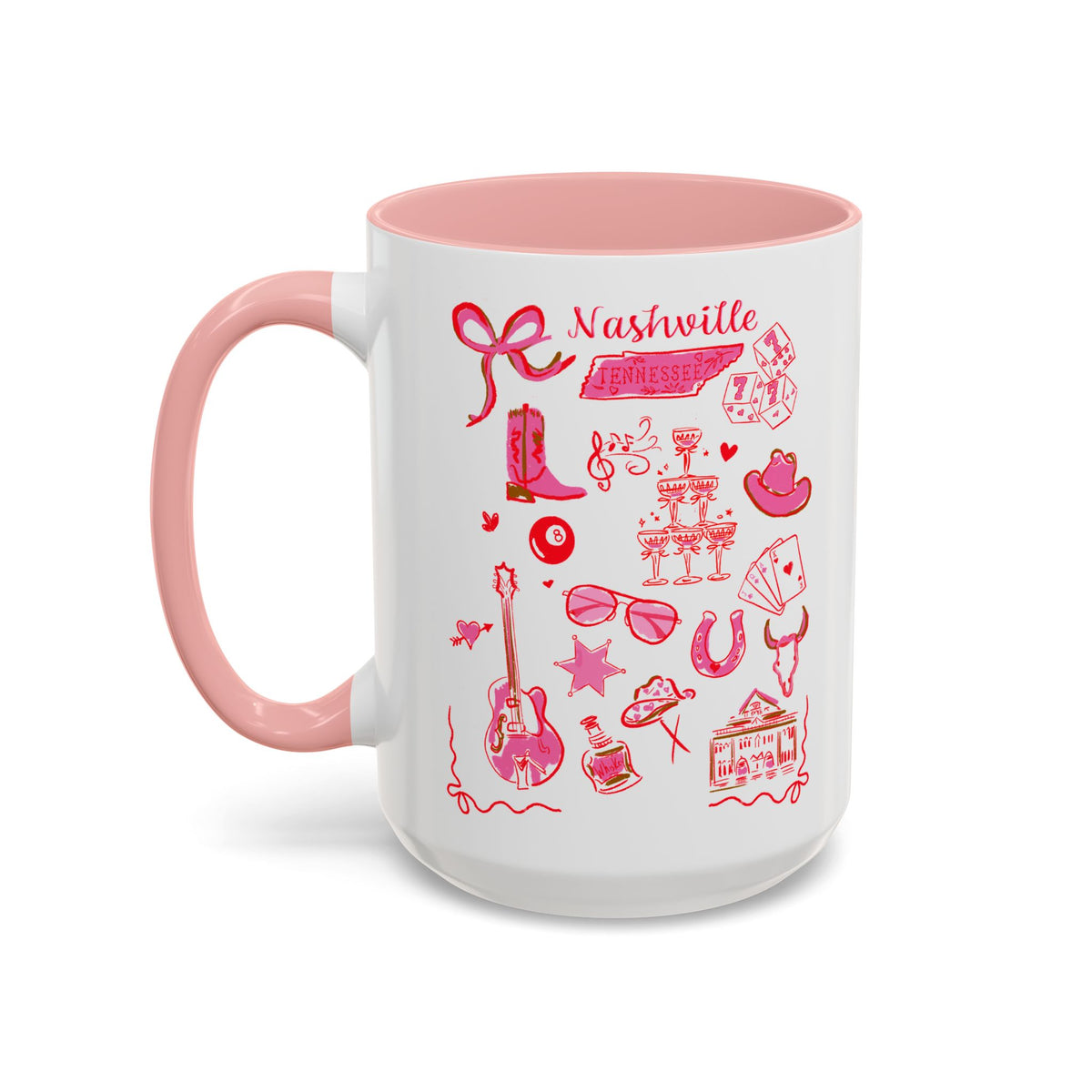 White ceramic mug with pink handle and interior featuring hand-drawn Nashville icons illustrated in pink by Rebecca Illustrated
