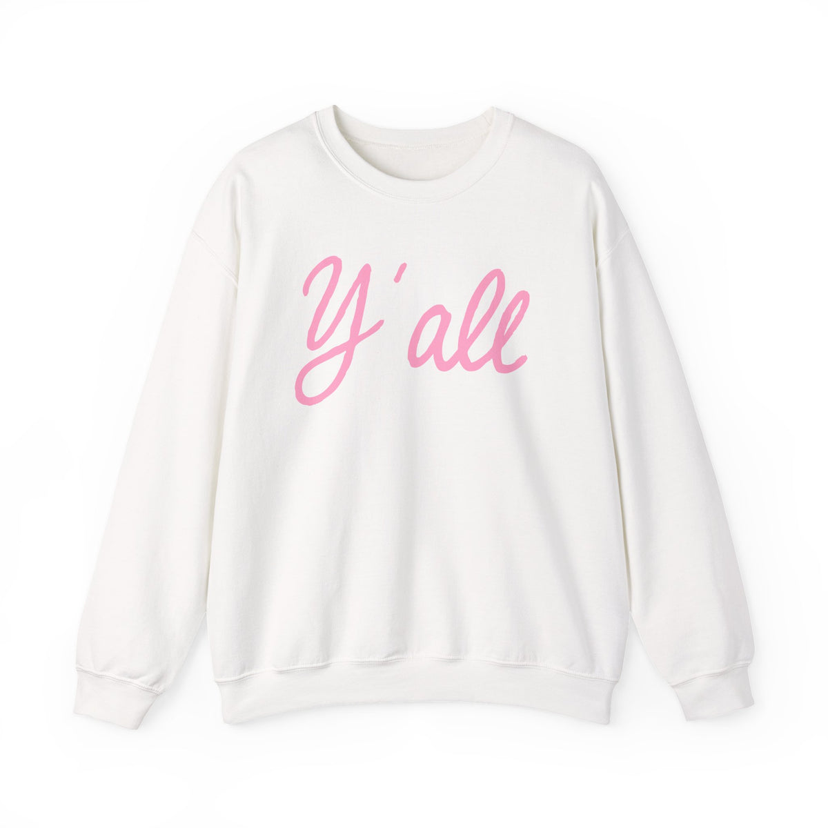 Crewneck sweatshirt with pink ‘Y’all’ script lettering on the front, hand illustrated by Rebecca Illustrated, available in white, pink, and grey.