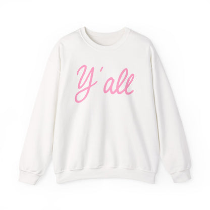 Crewneck sweatshirt with pink ‘Y’all’ script lettering on the front, hand illustrated by Rebecca Illustrated, available in white, pink, and grey.