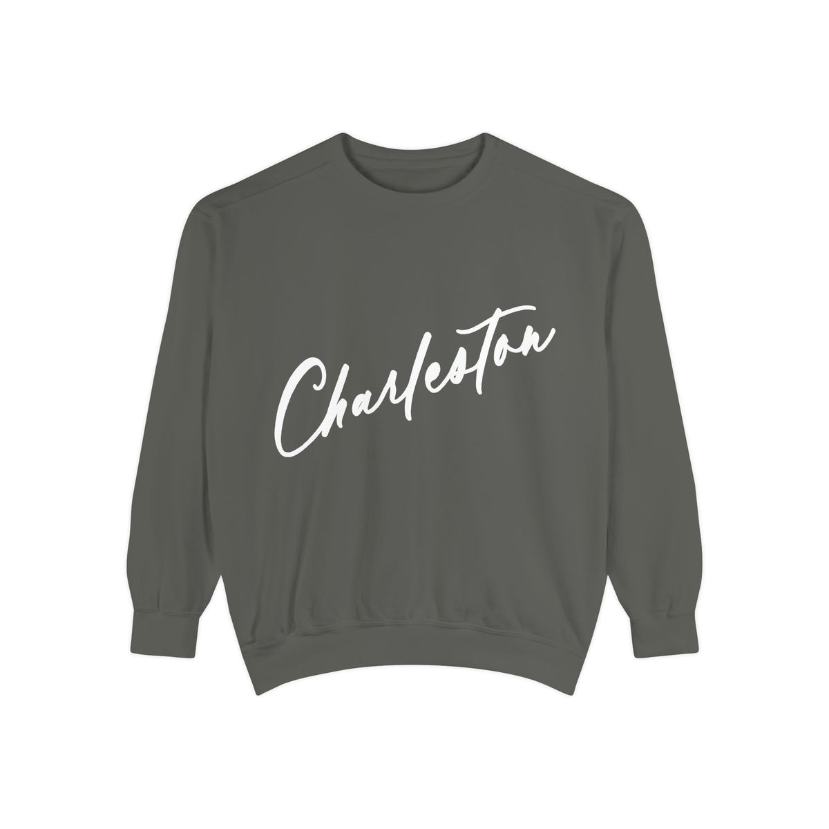 Gray sweatshirt with 'Charleston' printed in white on a white background