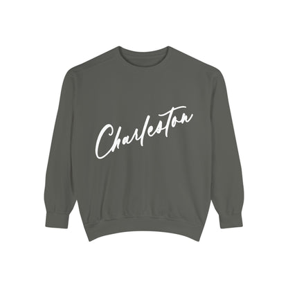 Gray sweatshirt with 'Charleston' printed in white on a white background