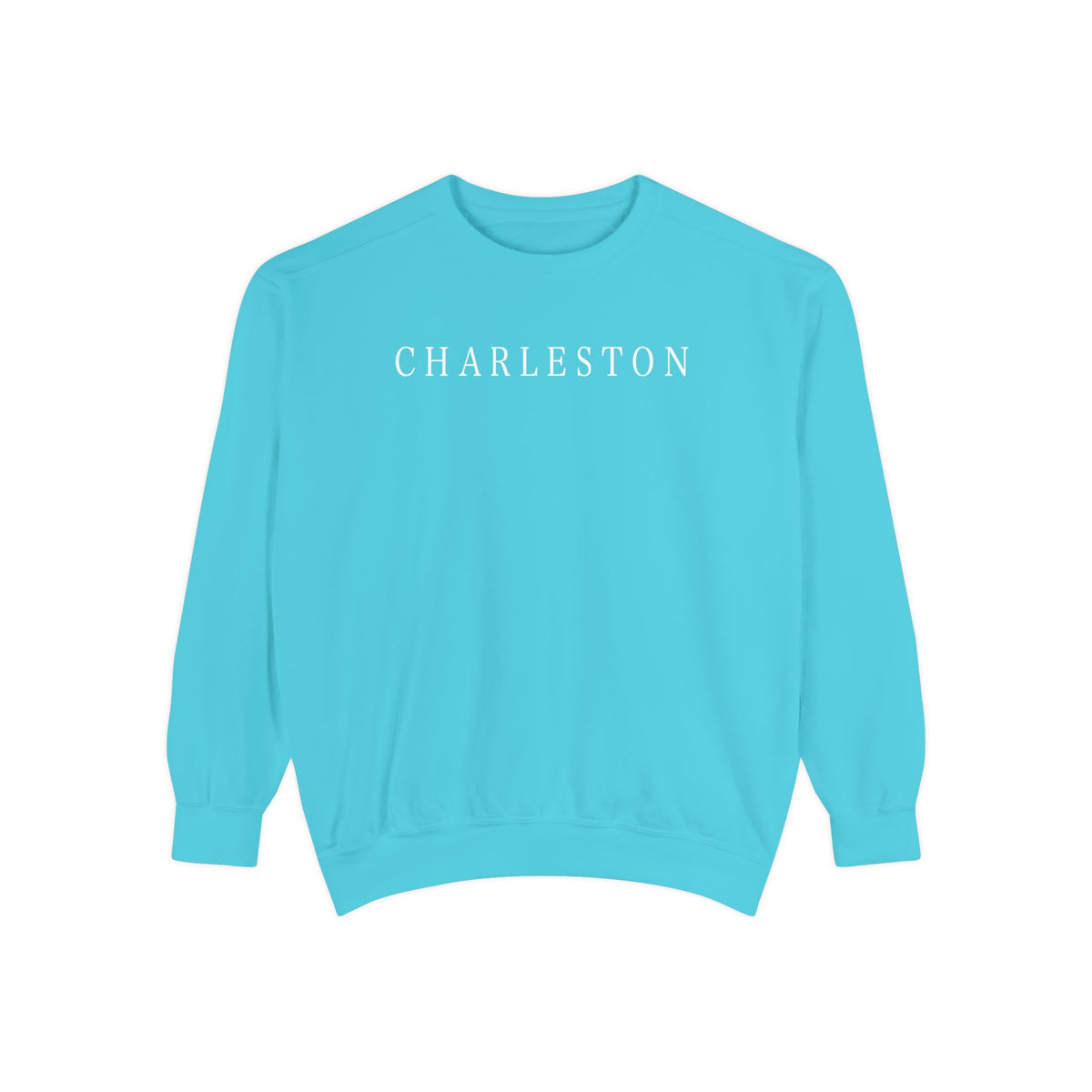 Turquoise Charleston crewneck sweatshirt with white CHARLESTON lettering on front, designed by Rebecca Illustrated.