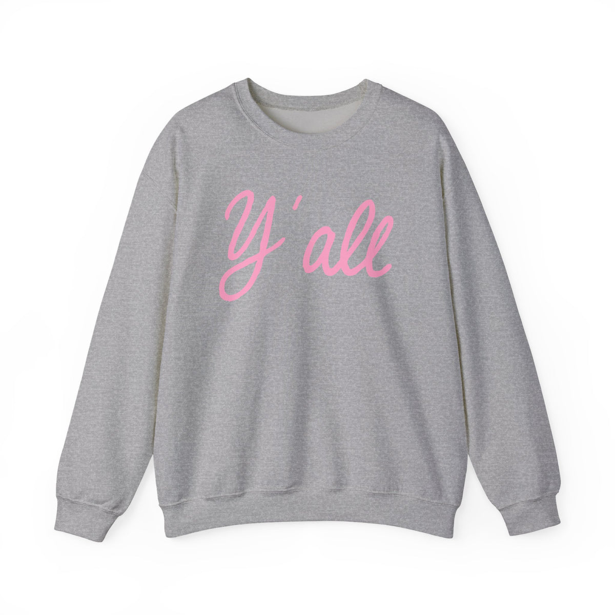 Crewneck sweatshirt with pink ‘Y’all’ script lettering on the front, hand illustrated by Rebecca Illustrated, available in white, pink, and grey.
