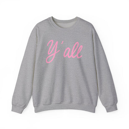 Crewneck sweatshirt with pink ‘Y’all’ script lettering on the front, hand illustrated by Rebecca Illustrated, available in white, pink, and grey.
