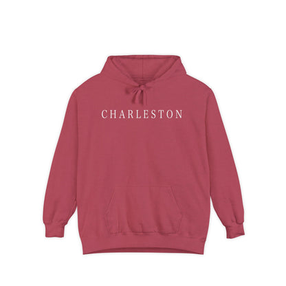 pullover hoodie with minimalist white ‘Charleston’ lettering on the chest, hand designed by Rebecca Illustrated; available in multiple colors