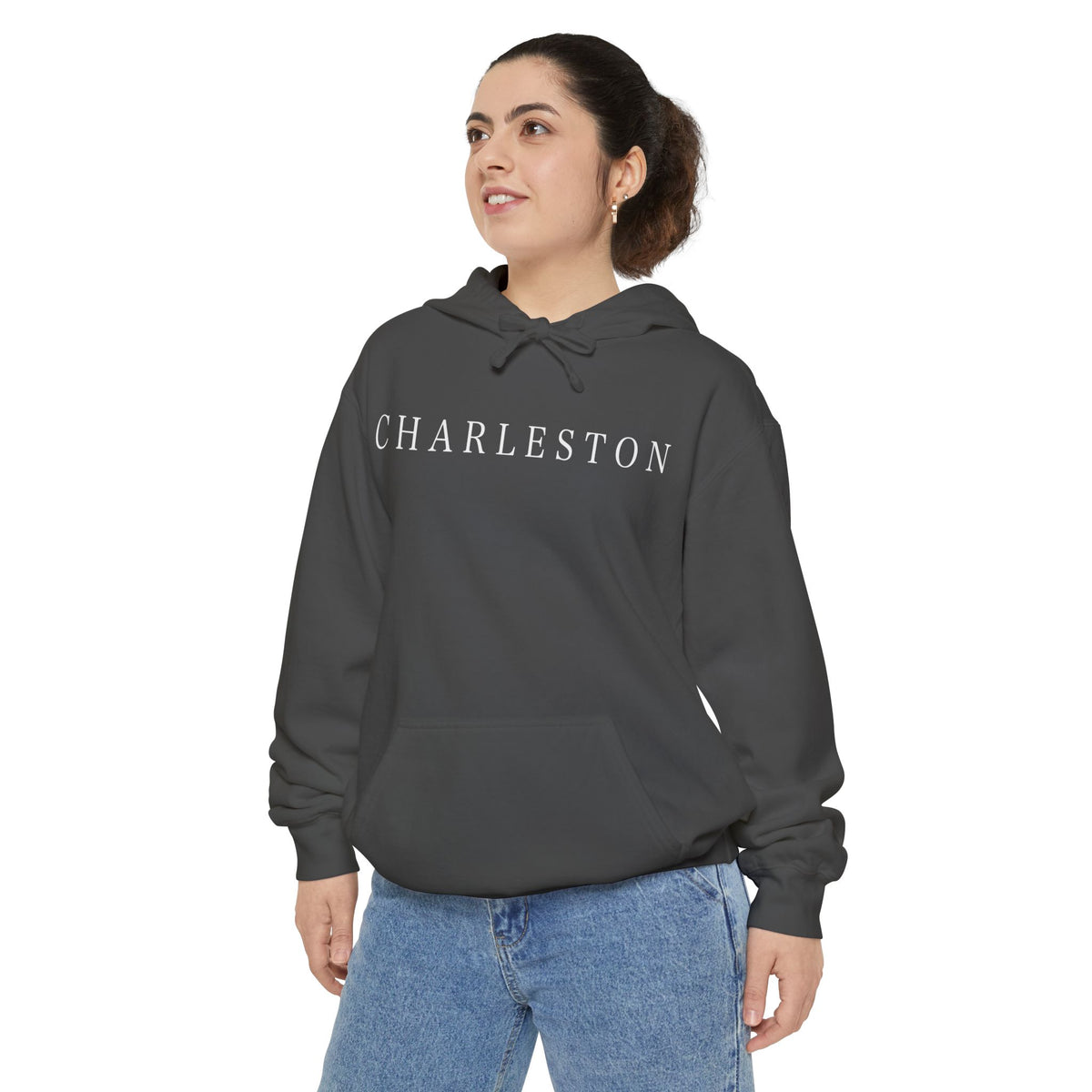 pullover hoodie with minimalist white ‘Charleston’ lettering on the chest, hand designed by Rebecca Illustrated; available in multiple colors