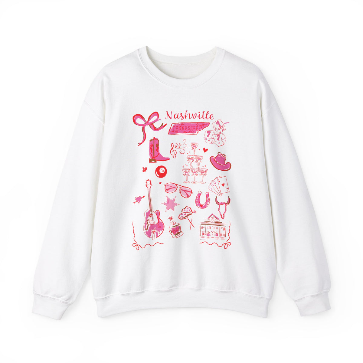White sweatshirt with pink Nashville-themed illustrations including cowboy boots, guitar, hat, champagne, dice, horseshoe, sunglasses, and Music City icons, artwork by Rebecca Illustrated