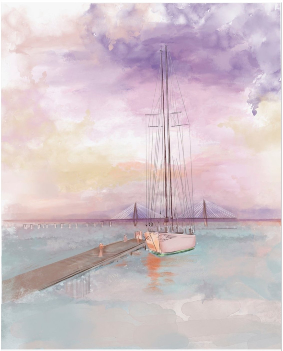 Soft watercolor illustration of a sailboat docked at Shem Creek with the Ravenel Bridge in the distance, coastal greeting card by Rebecca Illustrated.